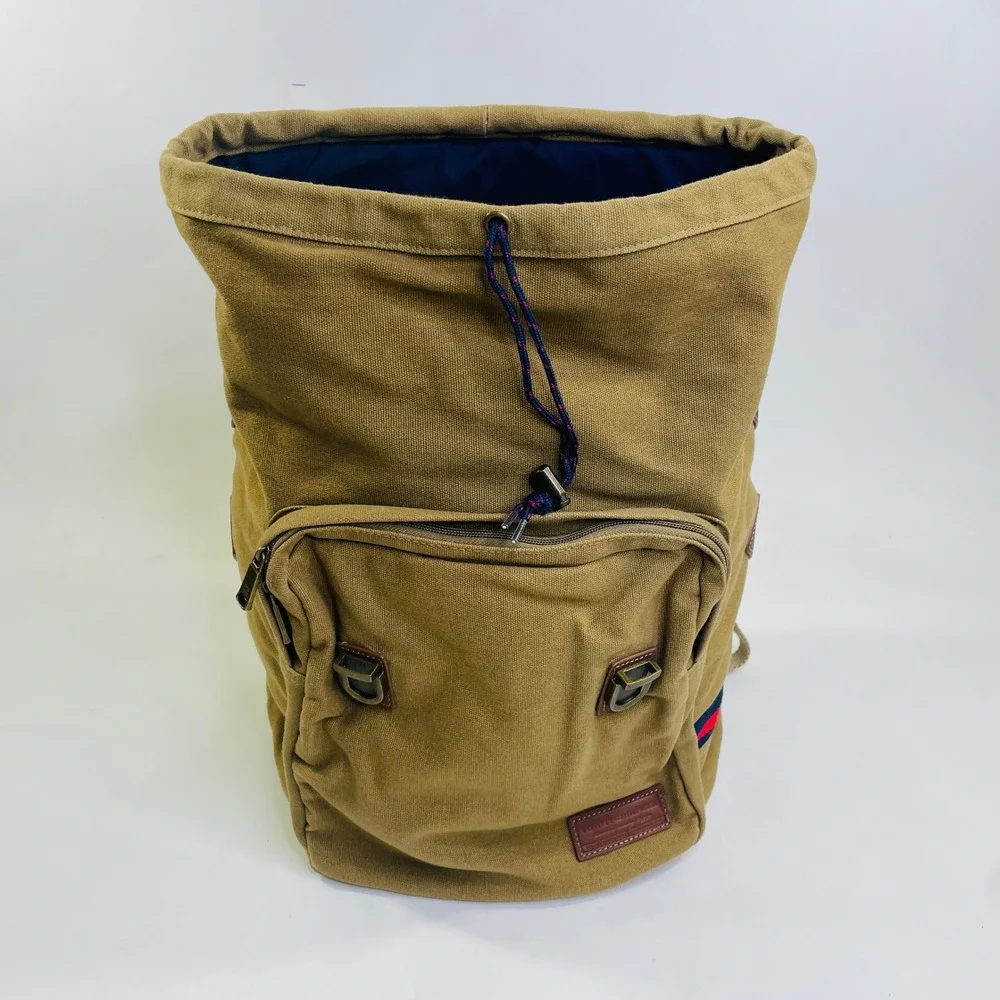 Tommy Hilfiger Canvas Rucksack Backpack Khaki Tan Brown Leather Trim Laptop Bag